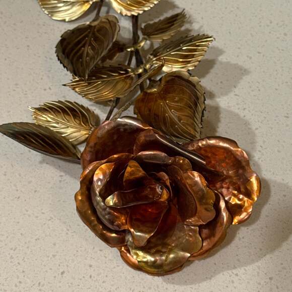 Vintage Mid-Century Modern Metal Copper and Brass Rose Wall Decor Sculpture - Picture 2 of 3